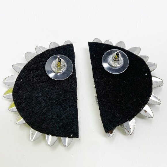 Silver Beaded Crystal Geometric Semicircle Fan Statement Earrings - Picture 4 of 7